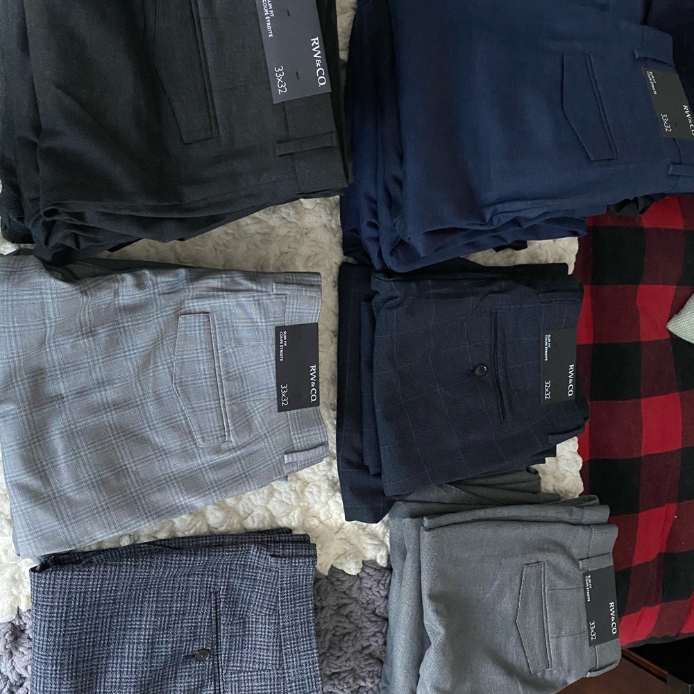 Brand new mens dress pants Size 33x32 slim fit. Various colors, never worn.